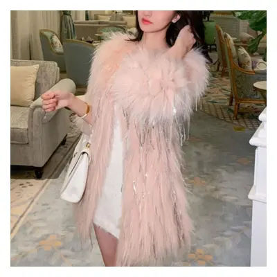 (pink, M) Tassel Raccoon Fur Woven Rhinestone Faux Fur Coat Women&apos;s Mid-length Autumn Winte