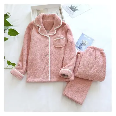 (pink, L) Japanese Style Autumn And Winter New Ladies Plus Size Sheep Wool Warm Pajamas Suit Shu