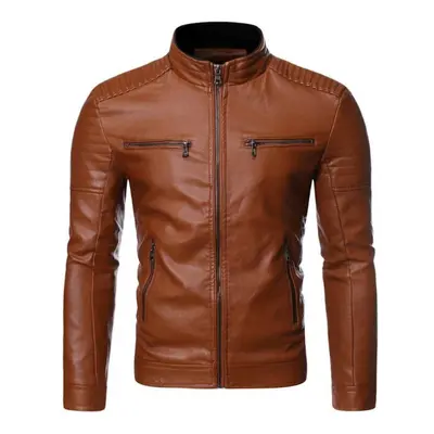 (brown, XL) Men&apos;s Washed Pu Leather Jacket Men&apos;s Stand Collar Men&apos;s Motorcycle Le