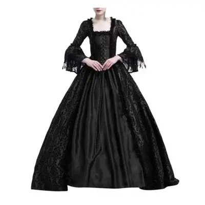 (black, 5XL) S-5xl Plus Size Court Dress Lace Stitching Large Dress Retro Medieval Renaissance D