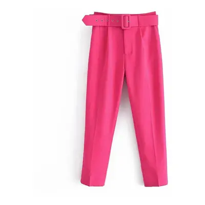 (rose red, S) Pants Suit Women High Waist Sashes Pockets Middle Aged Long Pant