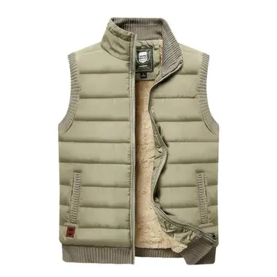 (khaki, 6XL) Autumn And Winter Men&apos;s Casual Vest Plus Velvet Stand Collar Plus Size Warm Ve