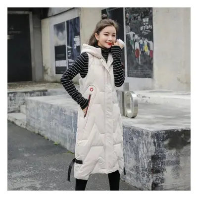 (beige, XXL) Winter Long Vest Women&apos;s Solid Hooded Pockets Zipper Padded Ladies Casual Slee