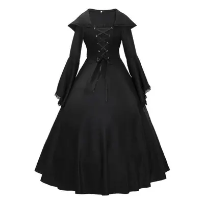 (black, S) Black Vintage Belted Halloween Gothic Vintage Performance Dress Medieval Lace Horn Sl