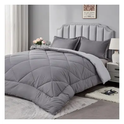 (Double/200x200cm, Grey & Light Grey) 13.5 Tog Down Alternative Thick Comforter Set with Shams, 