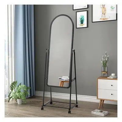 (36cm W x 160cm H) Black Freestanding Rolling Full Length Mirror with Storage Shelf