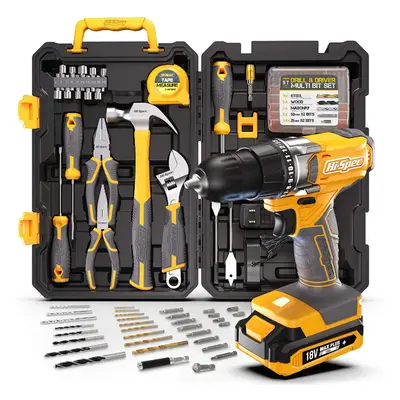 New Hi-Spec Piece 18V Drill Driver & Home Garage Tool Kit Set Complete DIY Repair with Electric 