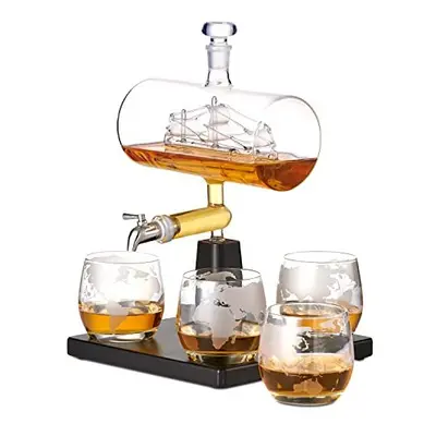 Oak & Steel - Whiskey Decanter Glass Spirit Dispenser, Wine Rum Carafe Ship Design Glasses Gift 