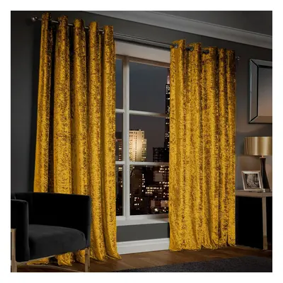 (Ochre Yellow, 90" x 90" (228cm x 228cm)) Blackout Curtains Crushed Velvet Curtain Pair with Tie