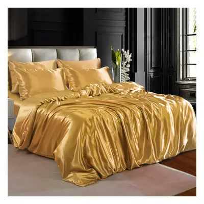 (Super King, Dull Gold) 6PCS SATIN BEDDING SET DUVET COVER FITTED SHEET PILLOW CASES