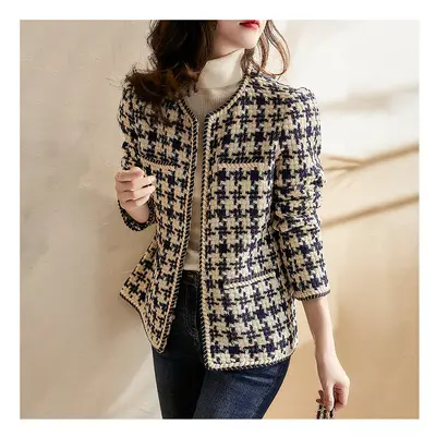 (L, picture color) Runway Fall Elegant Weave Plaid Women Blazer Causal Tweed Coat Office