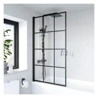 Bath Shower Screen Door Hinged x 800mm Framed Black Grid Square Safety Glass Panel