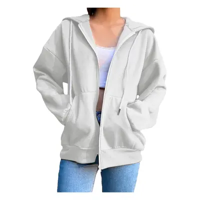 (white, XL) Spring Women Loose Zip Up Hoodies Long Sleeve White Hooded Sweatshirts