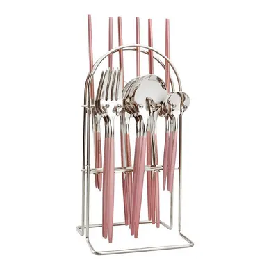 (pink,silver) 24pcs Mirror Western Cutlery Set With Luxury Cutlery Storage Rack Include Knife Fo