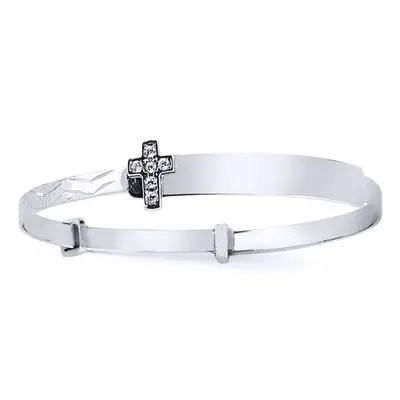 Jewelco London Kids Sterling Silver Cubic Zirconia Cross Expanding ID Baby Bangle Bracelet - BN4