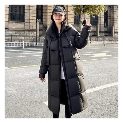 (black, L) Winter Warmth Korean Style Loose Cotton Coat For Women With Hong Kong Style, Mid-leng