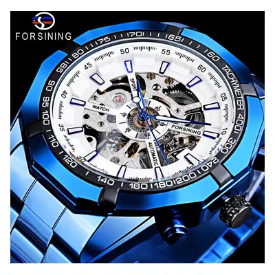 (white,blue) Forsining Stainless Steel Waterproof Mens Skeleton Watches Top Brand Luxury Transpa