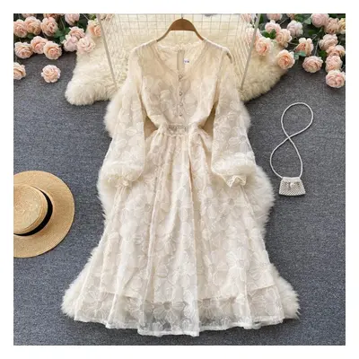 (beige, M) Gentle And Feminine Slim Waist Knee Length Long Sleeve First Love Dress A-line Dress 