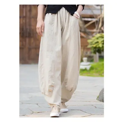 (beige, S) Johnature Women Casual Linen Wide Leg Pants Elastic Waist Solid Color Trouser Spring 