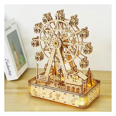 (tan) 3D Wooden Puzzles Led Rotatable Ferris Wheel Music Octave Box Model Mechanical Kit Assembl