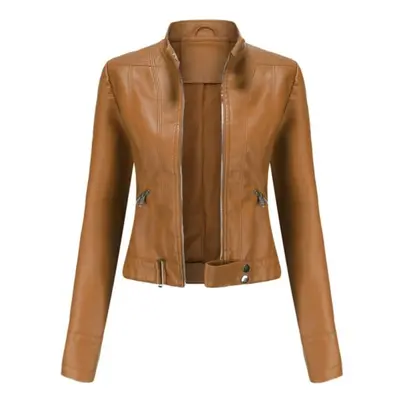 (camel, XL) Leather Jacket Women&apos;s Short Small Jacket Spring And Autumn Stand Collar Ladies