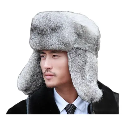 (gray, 54-56cm) Thick Warm Bomber Hat Men Real Rabbit Fur Earflap Trapper Fluffy Cap Male Plus S