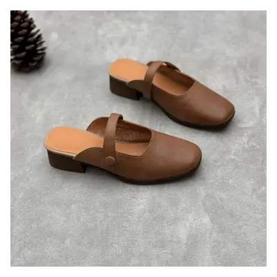 (coffee, 39) Johnature Genuine Leather Thick Heel Slippers Round Toe Casual Outerwear Slides Ver