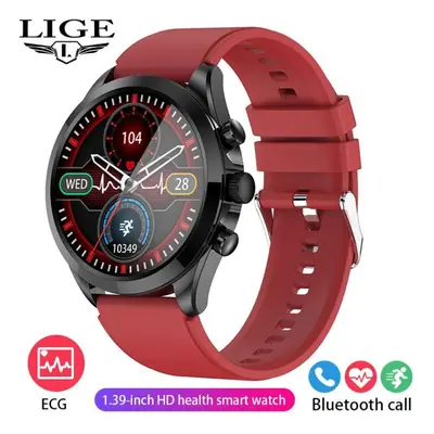 (red, Silicone strap) Lige Top Brand Men Smart Watch Ecg+ppg Health Detection Silicone Band Smar