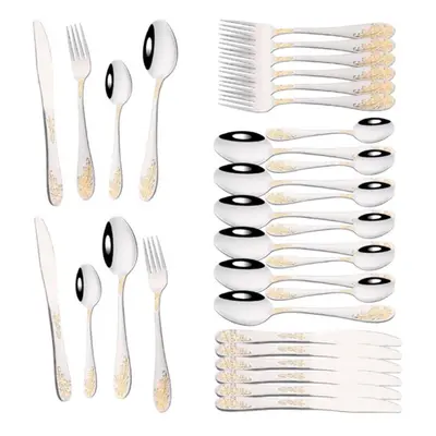 (32Pcs Service for 8) Vintage Western 8/32pcs Silver Gold Cutlery Dining Set Luxury Knife Fork T