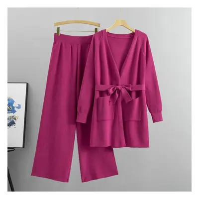 (rose red, S) Spring And Autumn Women&apos;s Knitted Set Wide Leg Pants Knitted Cardigan Jacket 