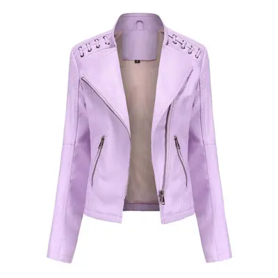 (light pink, L) Women Fashion Lace-up Leather Jacket Slim Fit Spring Autumn Motorcycle Jacket Zi