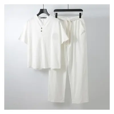 (white, L) Men&apos;s Clothing Large Size Tracksuit Husband Summer Suit Linen T-shirt Fashion Ma