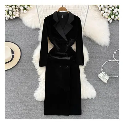 (black, XL) High Quality Autumn Winter Women Vintage Hepburn Velvet Party Dress Fashion Notched 