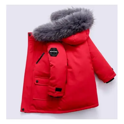 (red, 100cm) Winter Boys White Down Jacket Coat Baby Fur Collar Hooded Cottonthicken Warm Soild 