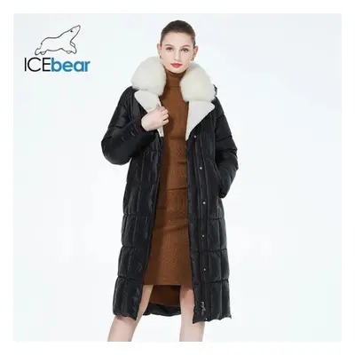 (black, 48) Icebear New Fur Hood Women Coat Long Luxury Jacket Female Warm Quilted Coat Parkas W