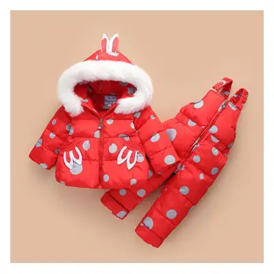 (red, 100) -30 Kids Baby Thicken Warm Two-piece Suits Printed Casual Hooded Coat And Jumpsuit So