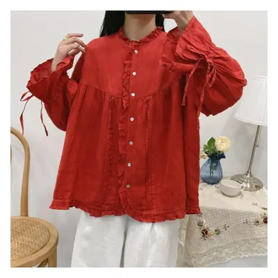 (red, One Size) Johnature Ruffles Linen Lace-up Women Shirts Tops Spring Summer Vintage Mori Loo