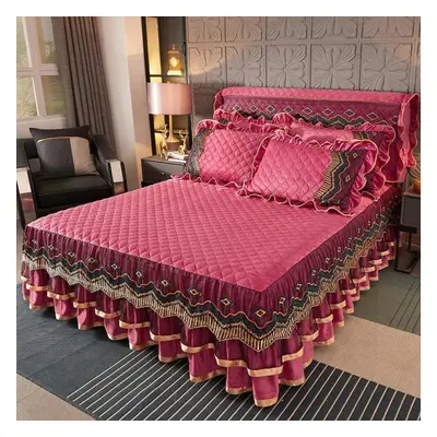 (dark pink, 180*220cm) Family Bedroom Princess Lace Quilted Bedspread Luxury Bedspread Skirt Lac