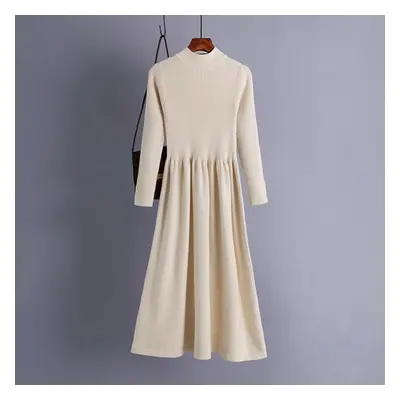 (apricot, One Size) Women Spring Chic Solid Knitted Sweater Dress Full Sleeve Half High Collar L