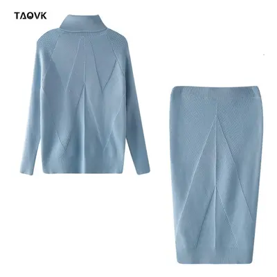 (sky blue, One Size) Taovk Women&apos;s Knitted Skirts Sets Office Lady Solid Color Turtleneck P