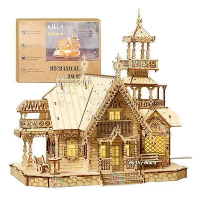 (as the picture) 1pc 3D Wooden Puzzle Villa House Royal Castle With Light Assembly Toy Kid Adult