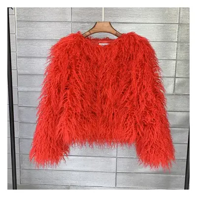 (red, 2XL) Color Women&apos;s Fur Coat Colorful Fluffy Pink Lamb Fur Faux Fur Coat Sheepskin Coa