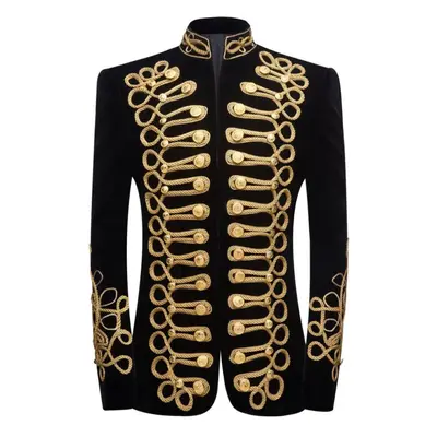 (as the picture, XXL) Pyjtrl Mens Stylish Court Prince Black Gold Embroidery Blazer Suit Jacket