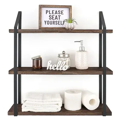 (23.5", Brown) 60cm Rustic Wood Hanging Book Shelf Tier Mounted Shelving Storage Display Shelves