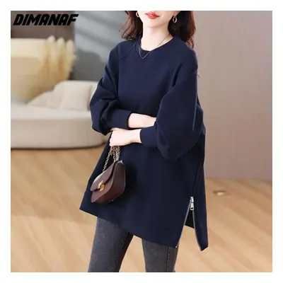 (navy blue, 3XL) Dimanaf Autumn Women Plus Size T-shirt Casual Lady Tops Shirts Tunic Clothing O