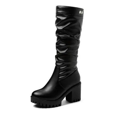 (black, 36) Q/women&apos;s High-heeled Mid Length Boots, Autumn And Winter New Solid Color Overs