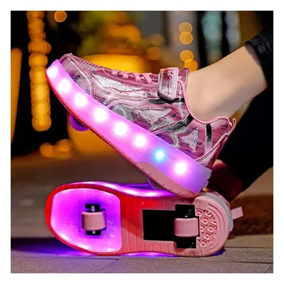 (pink, 34) Tuinanle Children&apos;s Led Shoesusb Charging Glowing Sneakers Led Light Wheels Roll