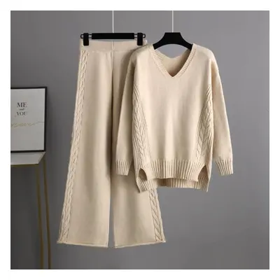 (apricot, OneSize) Autumn Winter V Neck Solid Color New Lazy Wind Knitted Wide Leg Pants Suit Wo