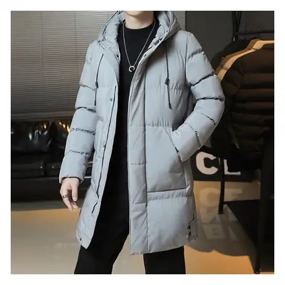 (light grey, M) Men Winter Warm Thick Long Solid Color Parka Coat Men Waterproof Hooded Parka Co