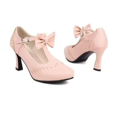 (pink, 34) Women Pu Leather Pumps Thin High Heels Round Toe T-tied Bow Sexy Party Spring Autumn 